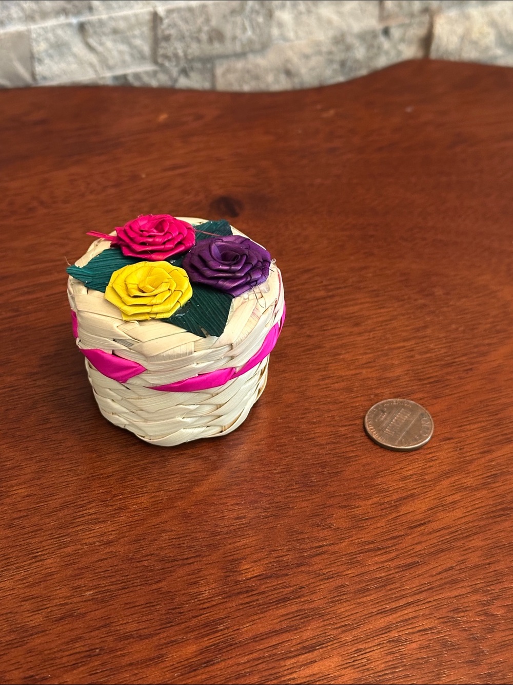 Handwoven Mini Storage Basket with Pink Trim and Floral Lid